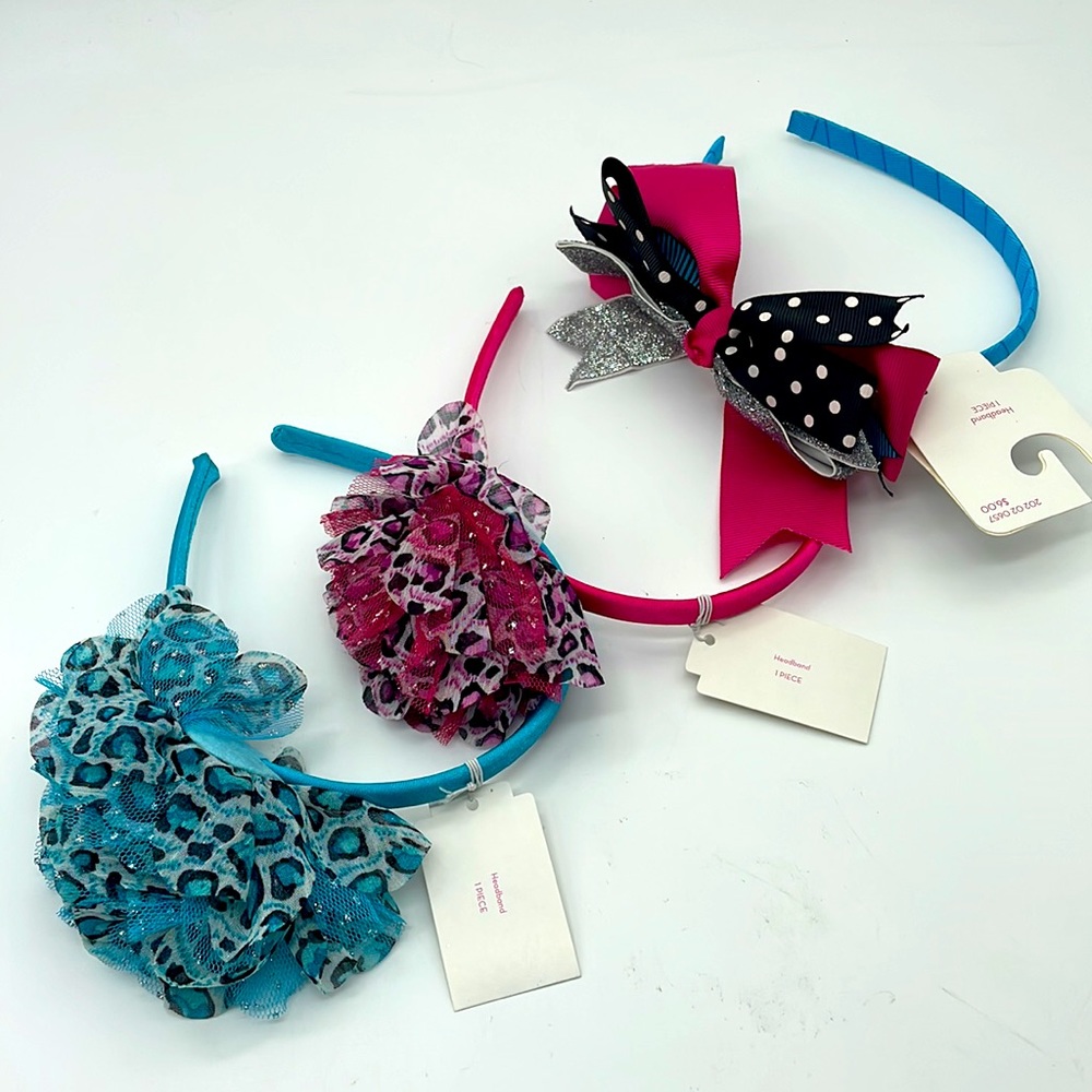 Y2K Three Piece Headband Set - Pink Turquoise Leopard Tulle Black Polka Dot …